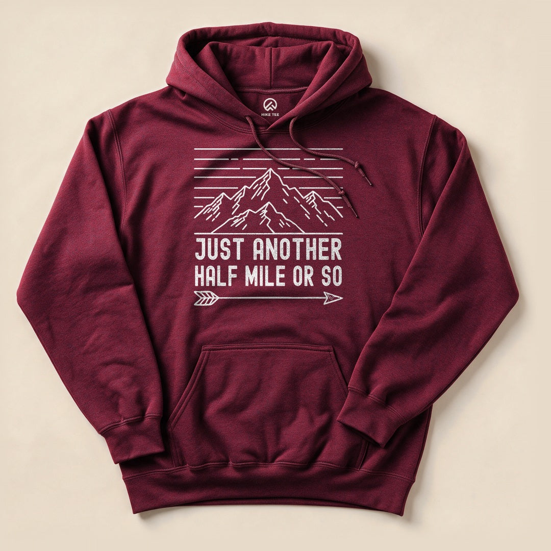 Maroon Just Another Half Mile Or So Hoodie with a retro mountain sunset graphic