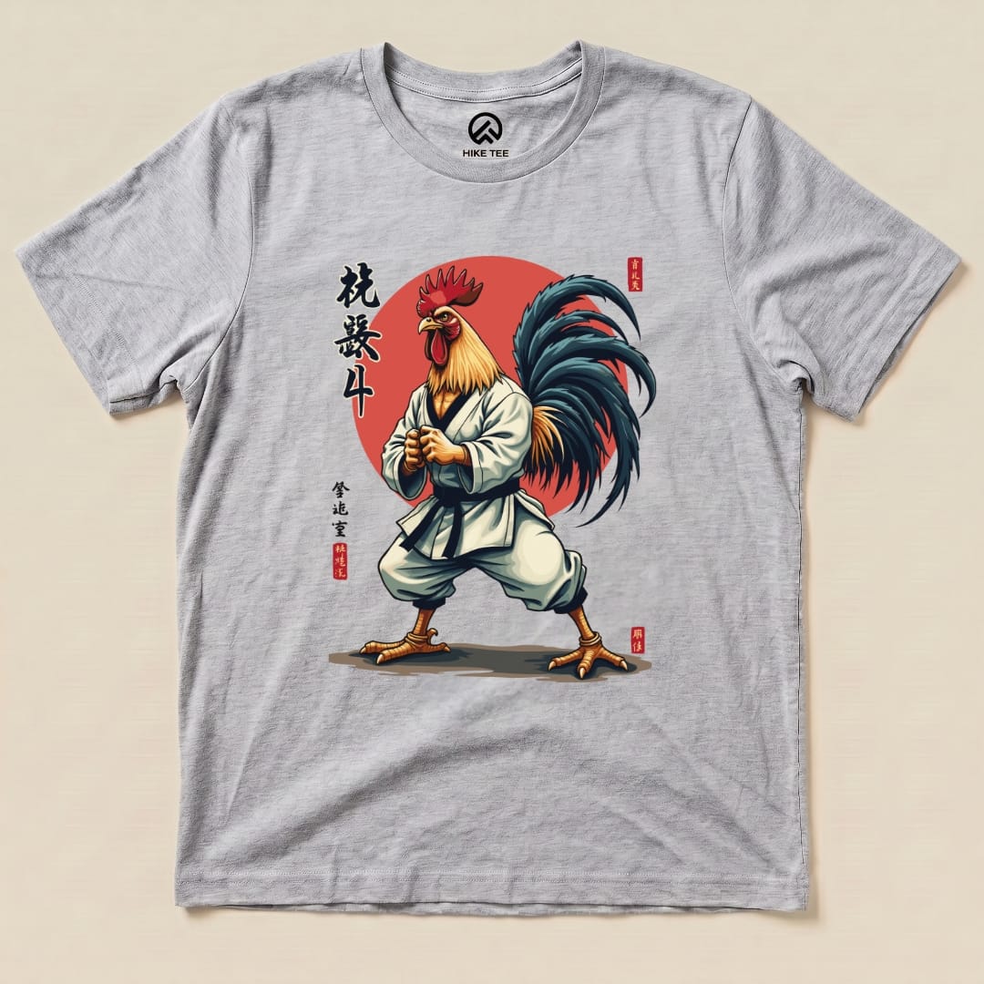 The Kung Fu Rooster Shirt features a cartoon rooster dressed in a martial arts gi, standing confidently against a red background.