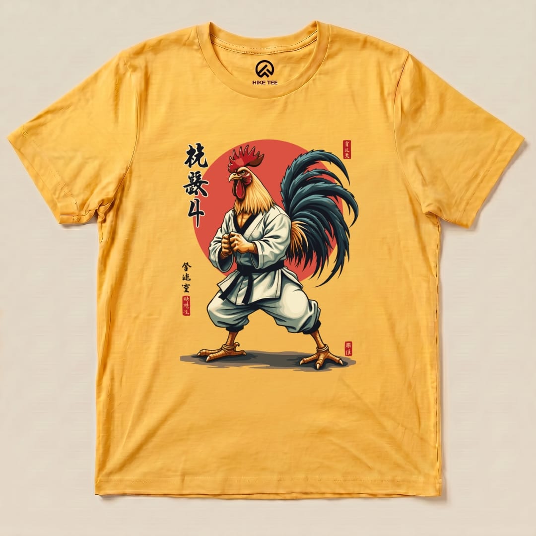 A yellow graphic t-shirt featuring a kung fu rooster in a martial arts stance with Chinese characters, labeled "Kung Fu Rooster Shirt.