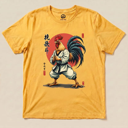 A yellow graphic t-shirt featuring a kung fu rooster in a martial arts stance with Chinese characters, labeled "Kung Fu Rooster Shirt.