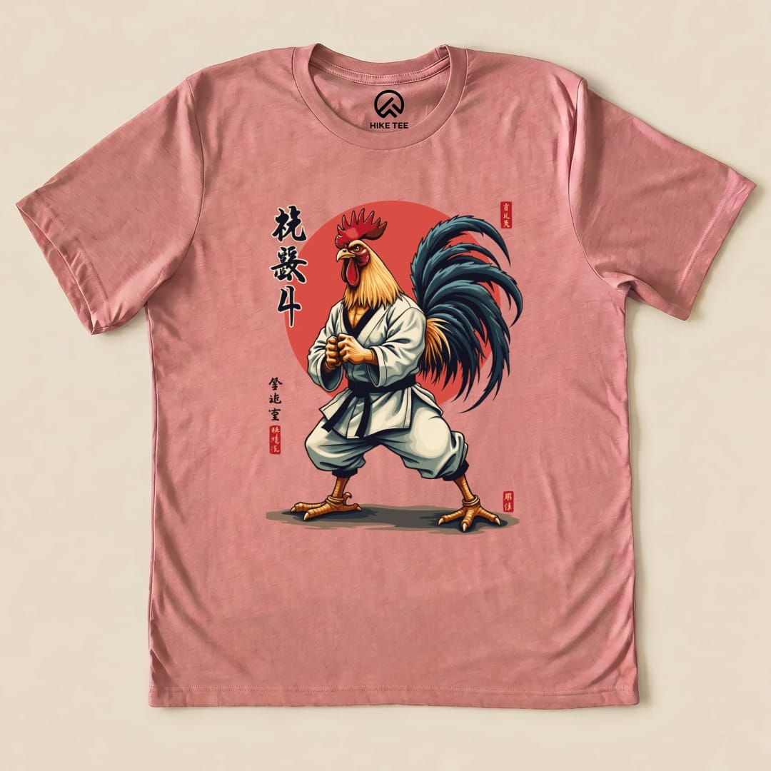 A Kung Fu Rooster Shirt features a vibrant graphic of a rooster dressed in a martial arts uniform, striking a fierce pose.