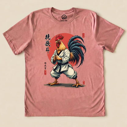 A Kung Fu Rooster Shirt features a vibrant graphic of a rooster dressed in a martial arts uniform, striking a fierce pose.