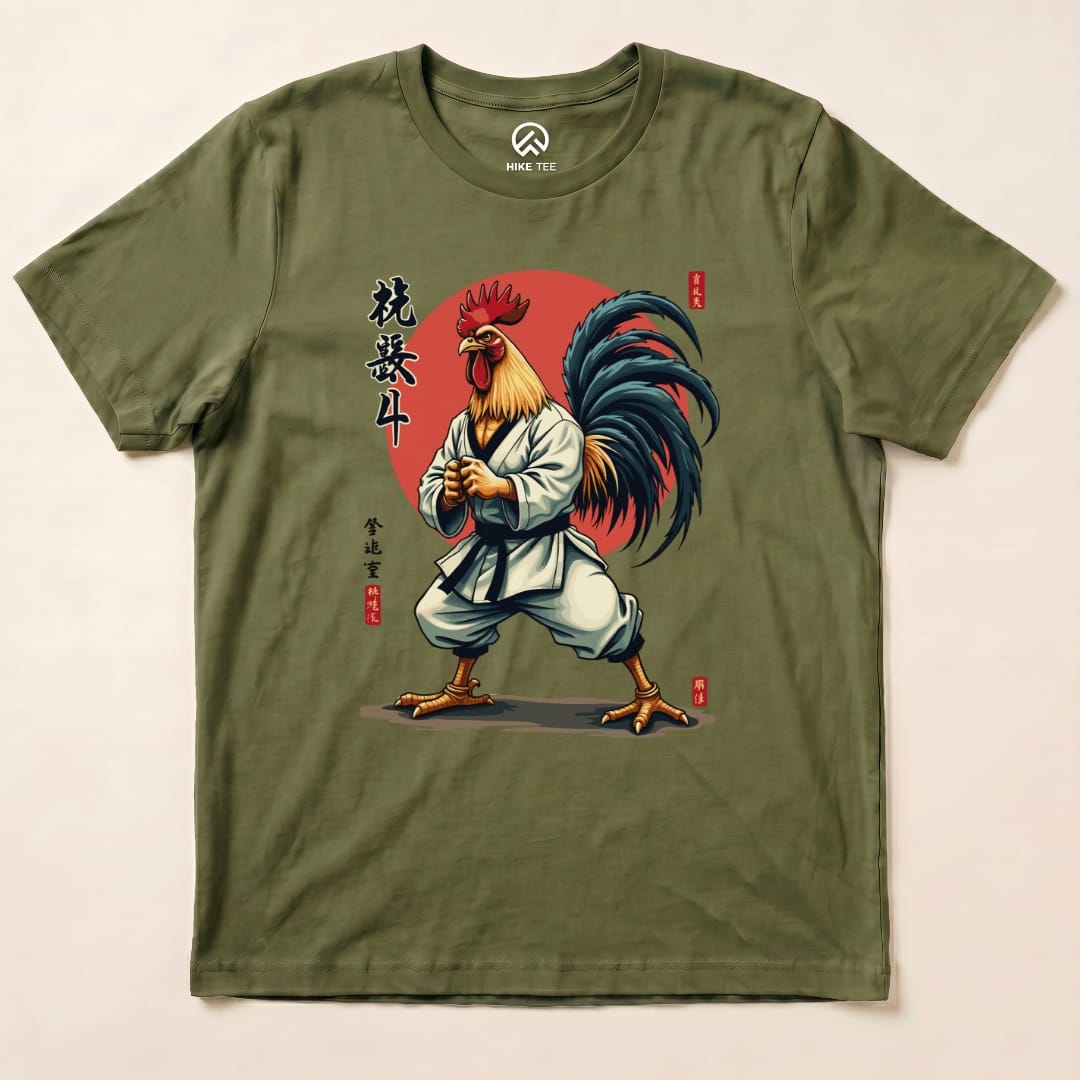 The graphic t-shirt features a Kung Fu Rooster design, showcasing a rooster in martial arts attire against a vibrant red background.