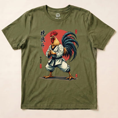 The graphic t-shirt features a Kung Fu Rooster design, showcasing a rooster in martial arts attire against a vibrant red background.