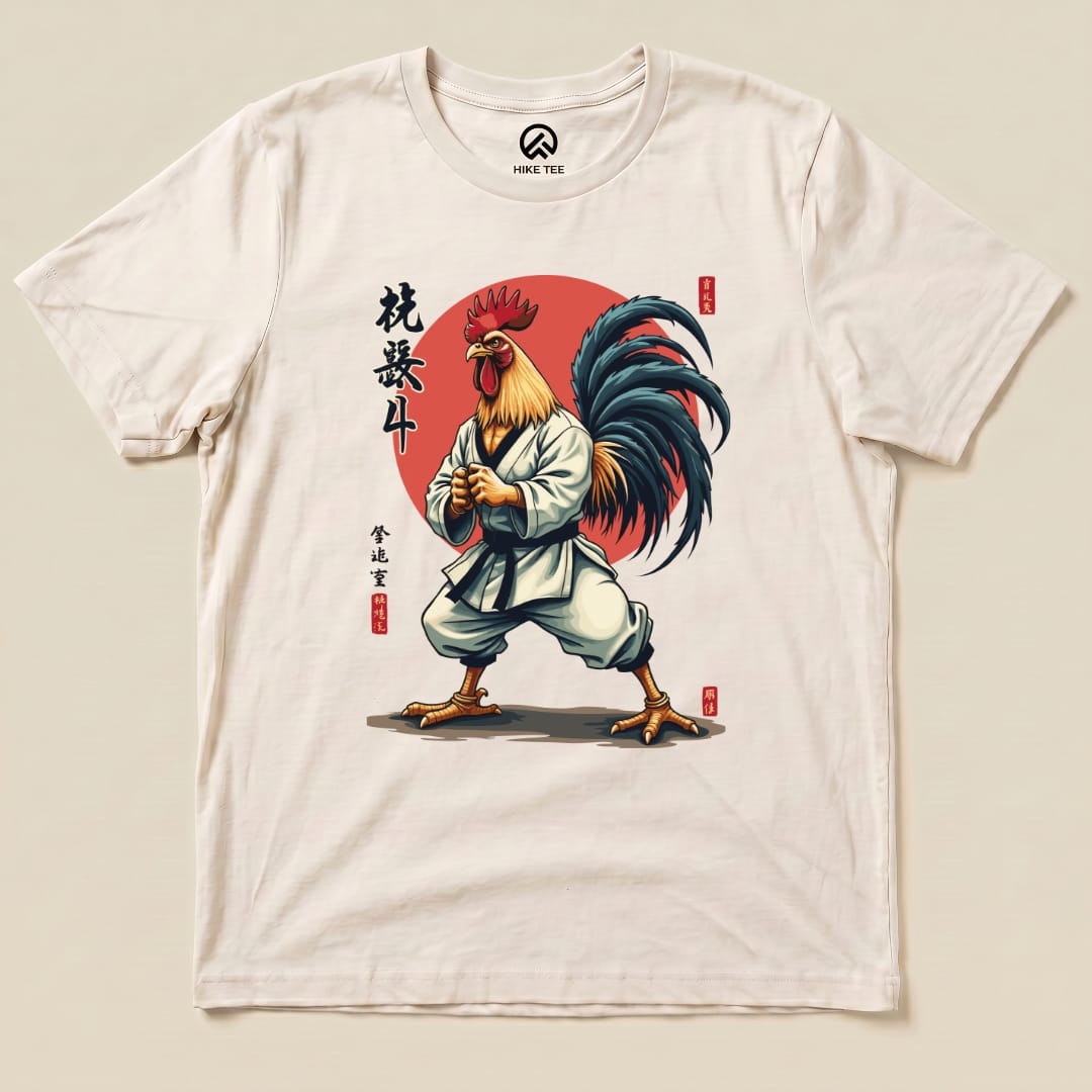 The graphic t-shirt features a Kung Fu Rooster design, depicting a rooster in a martial arts stance against a bold red background.