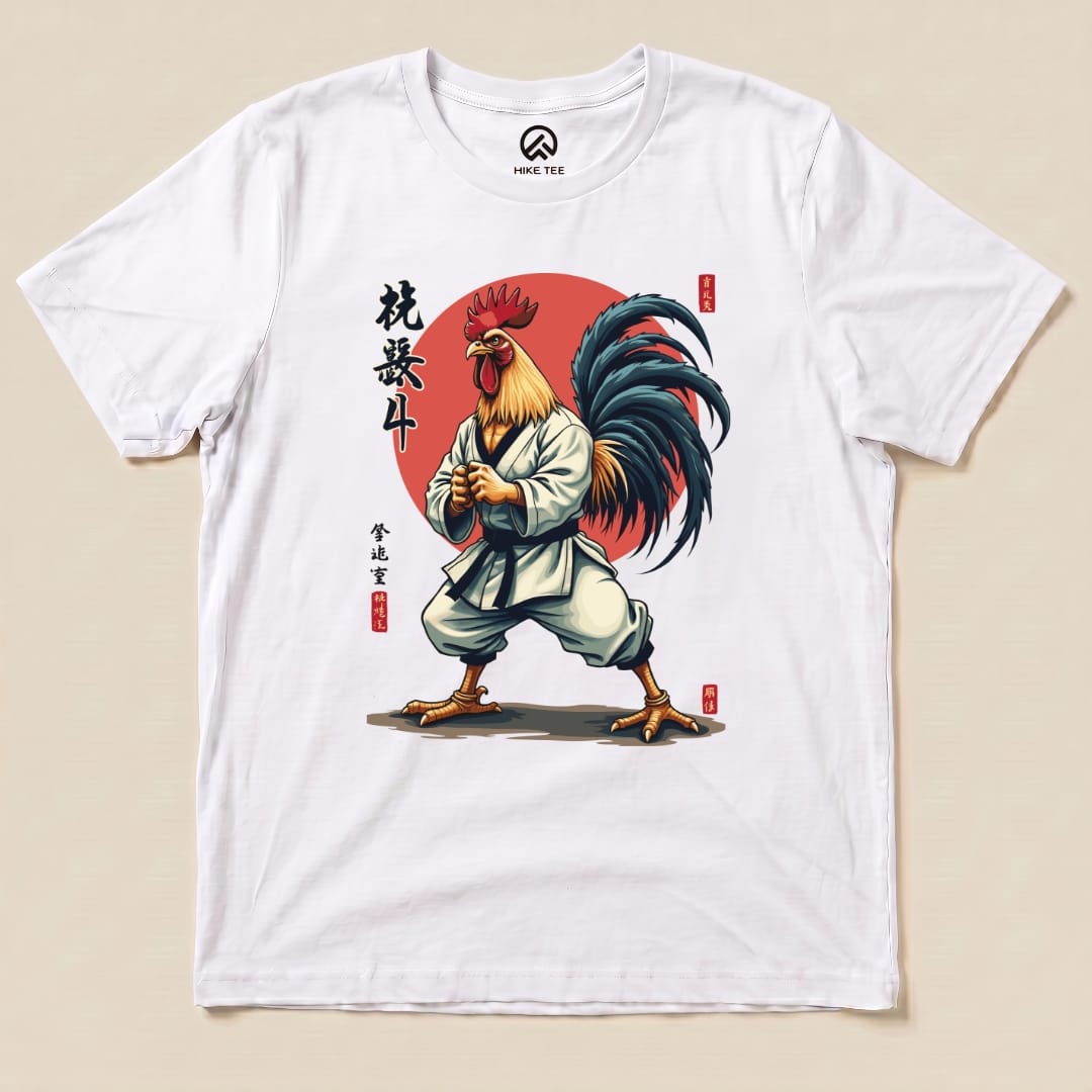 A flat graphic t-shirt featuring a colorful illustration of a rooster in a martial arts pose, labeled as "Kung Fu Rooster Shirt.