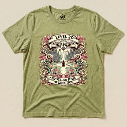 The graphic t-shirt features a colorful design with the text "Level 20 RPG AND STILL NO SENSE OF DIRECTION" surrounded by flowers and a scenic forest.