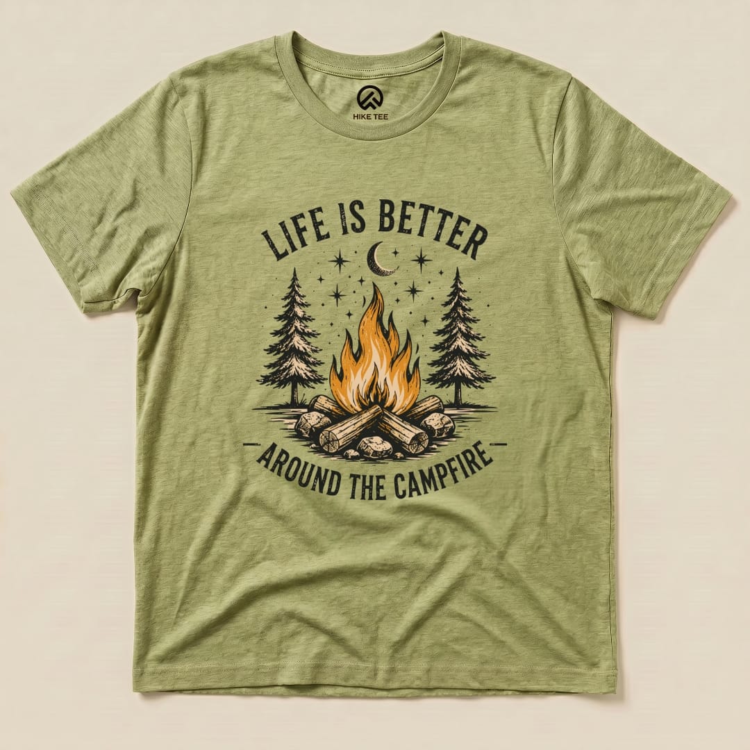 Life is better Campfire Shirt Hike Tee T-Shirt Heather Green / S