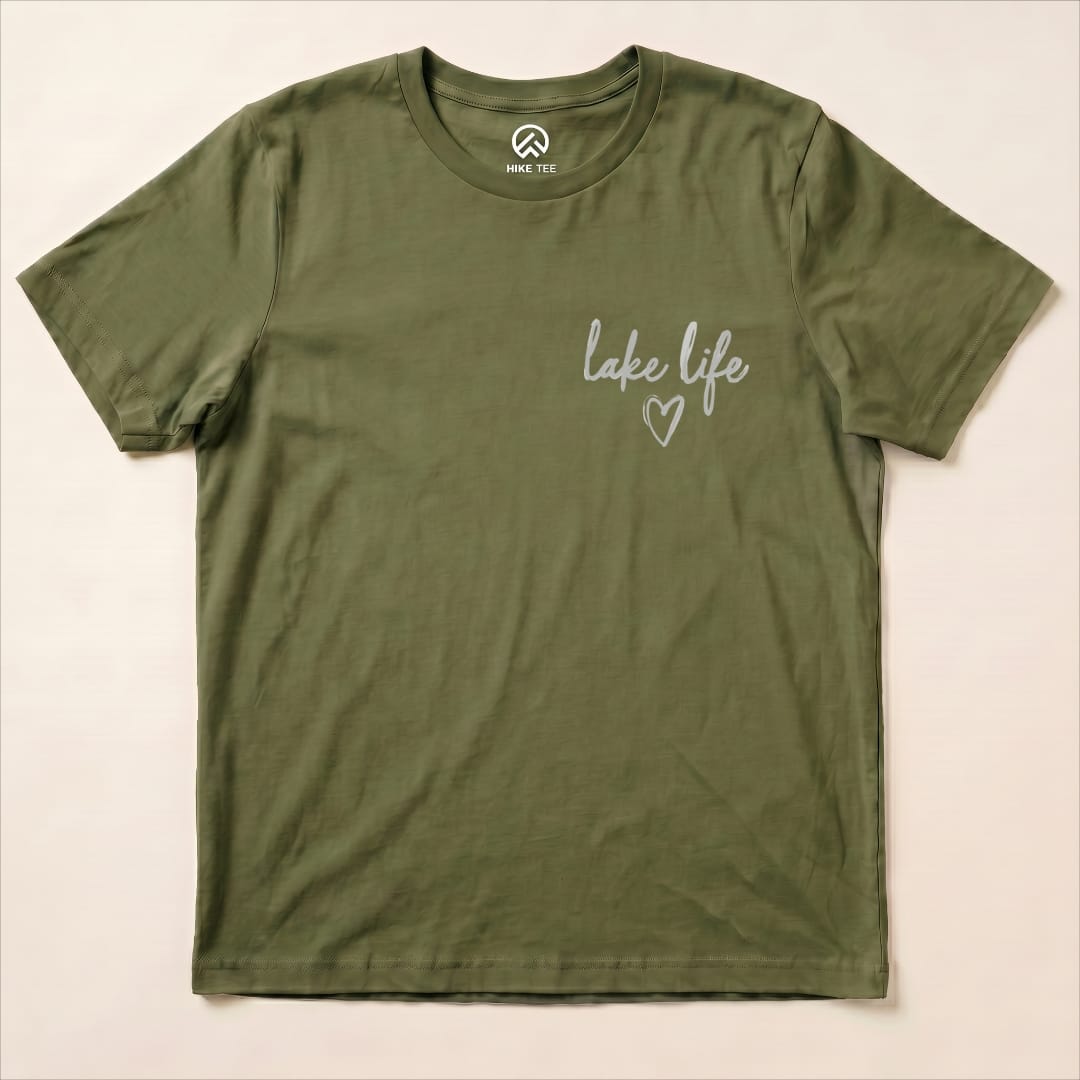 Graphic t-shirt in olive green featuring the phrase "lake life" with a heart design on the front.