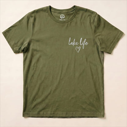Graphic t-shirt in olive green featuring the phrase "lake life" with a heart design on the front.