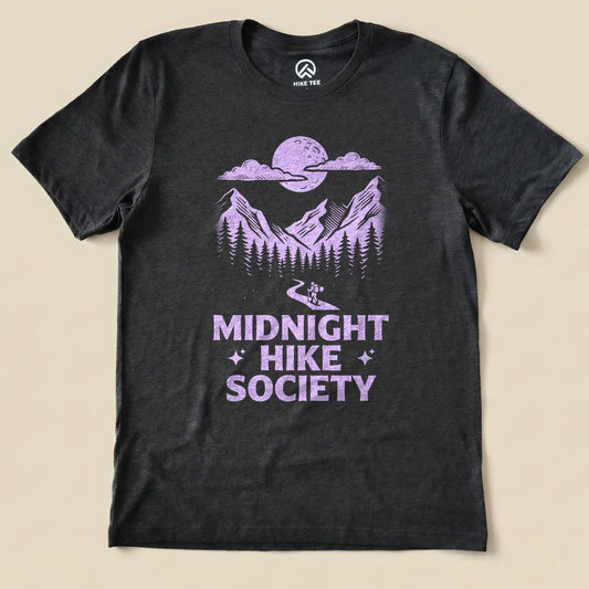 The graphic t-shirt features the phrase "Midnight Hike Society" with a purple mountain scene and a full moon above.