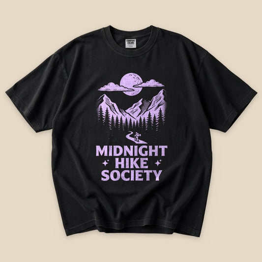 Black Midnight Hike Society T-Shirt with a purple moon over misty mountains graphic