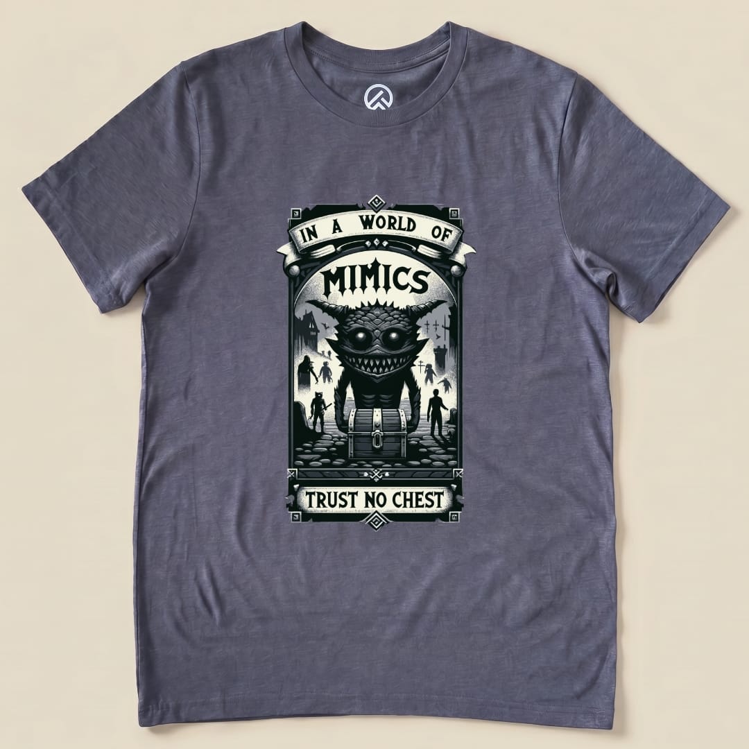 A gray graphic t-shirt featuring the "Mimics Shirt" design with a monster, text reading "In a World of Mimics" and "Trust No Chest.