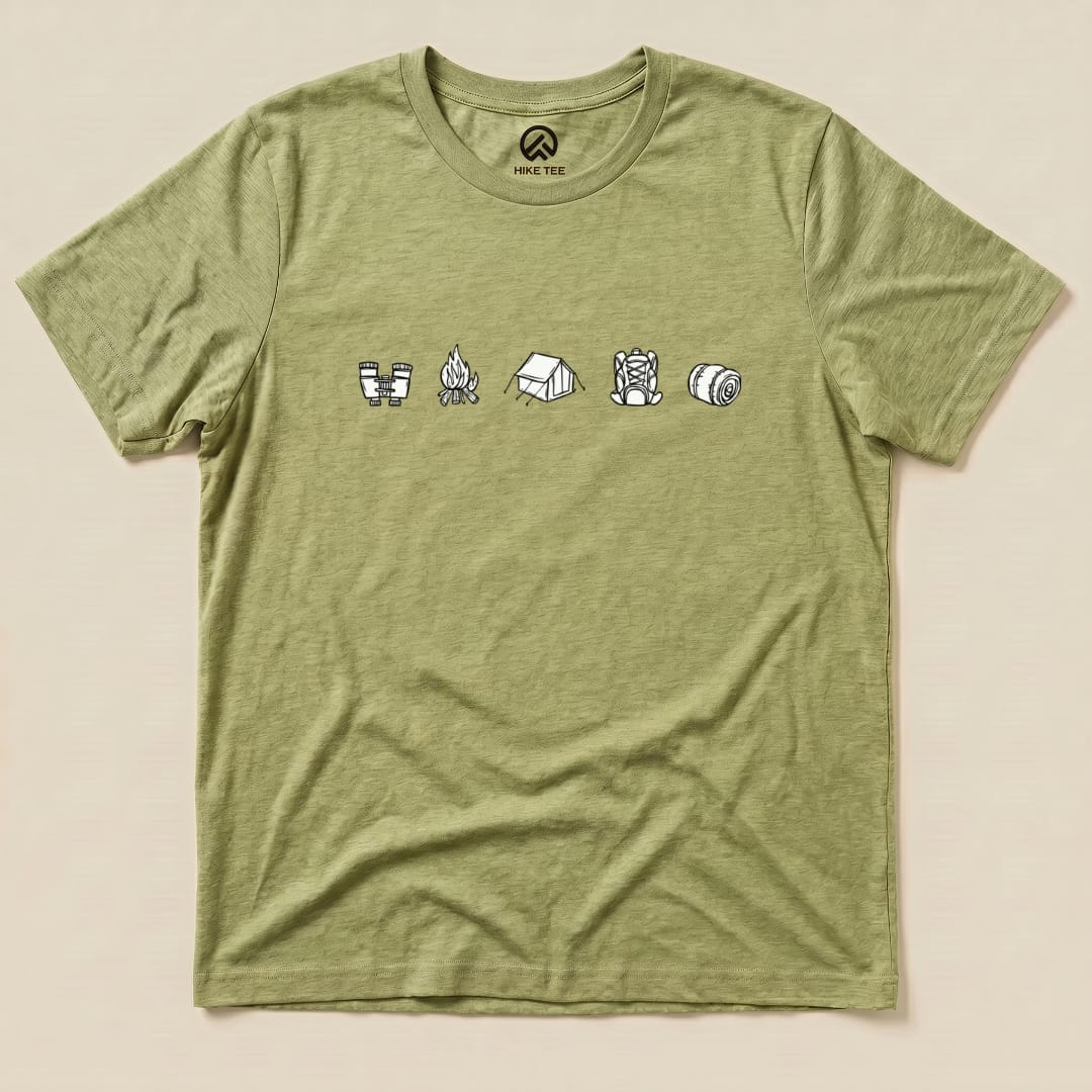 A minimalistic drawing camping shirt featuring icons of outdoor gear, including a tent, campfire, and rolled sleeping bag.