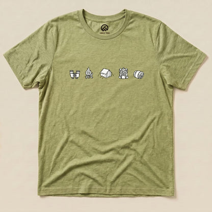 A minimalistic drawing camping shirt featuring icons of outdoor gear, including a tent, campfire, and rolled sleeping bag.