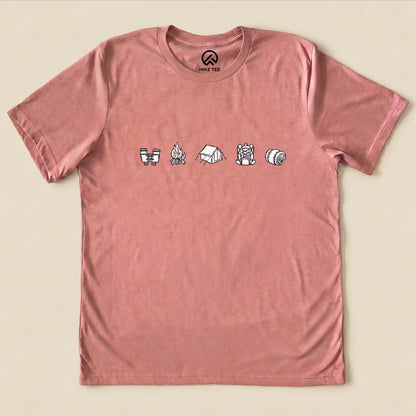 A pink graphic t-shirt titled "Minimalistic Drawing Camping Shirt" features black line drawings of outdoor camping icons across the chest.