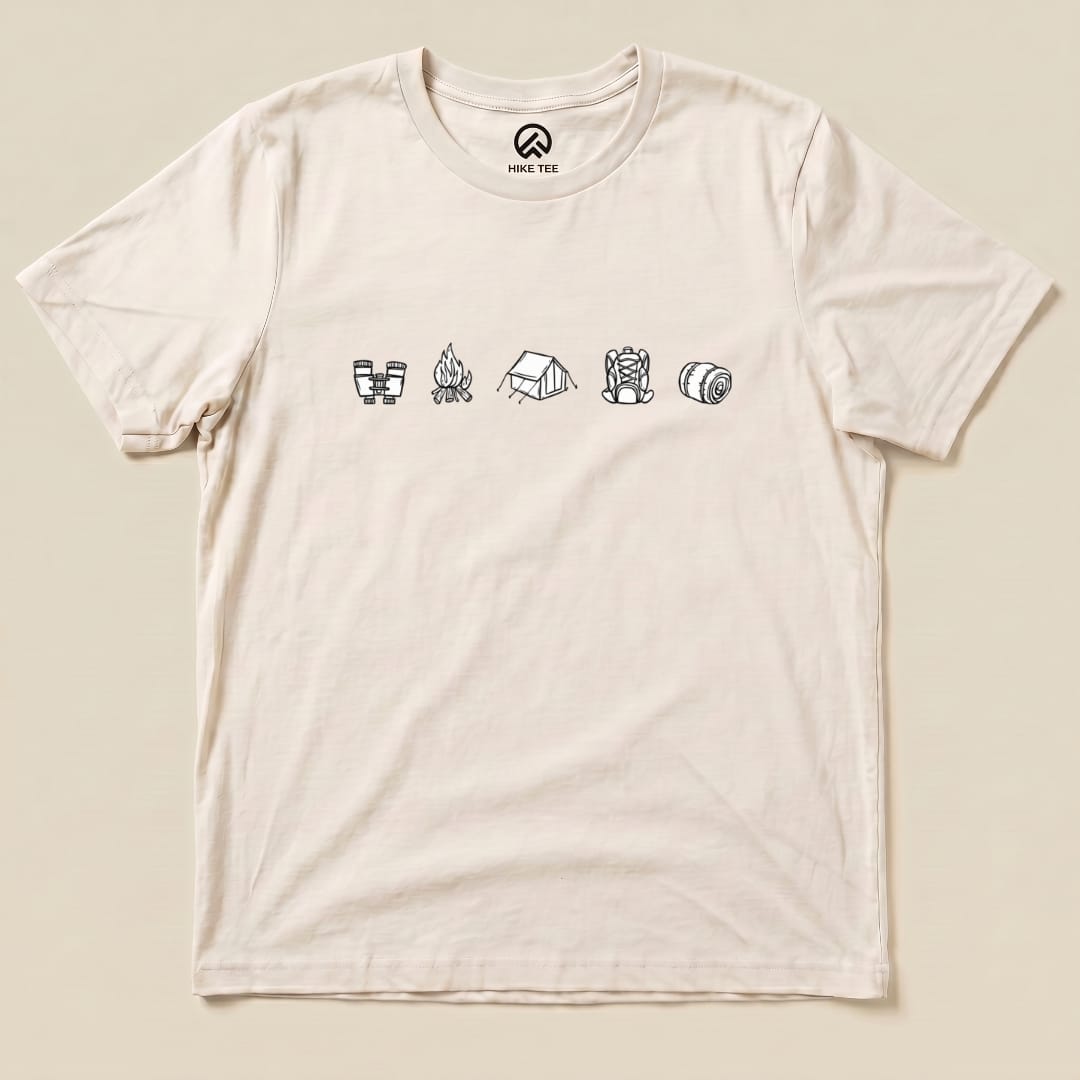 A graphic t-shirt featuring a minimalistic drawing of camping icons, designed as a Minimalistic Drawing Camping Shirt.