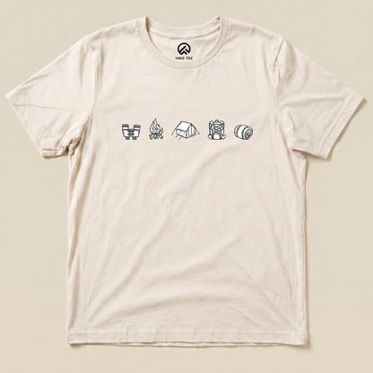 A graphic t-shirt featuring a minimalistic drawing of camping icons, designed as a Minimalistic Drawing Camping Shirt.