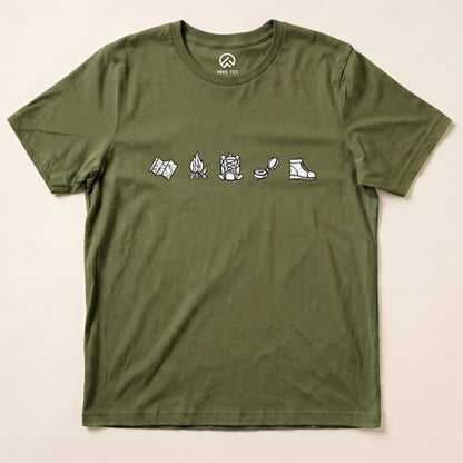 A minimalistic drawing hiking shirt featuring a series of outdoor-themed icons, including a map, campfire, backpack, and hiking boot.