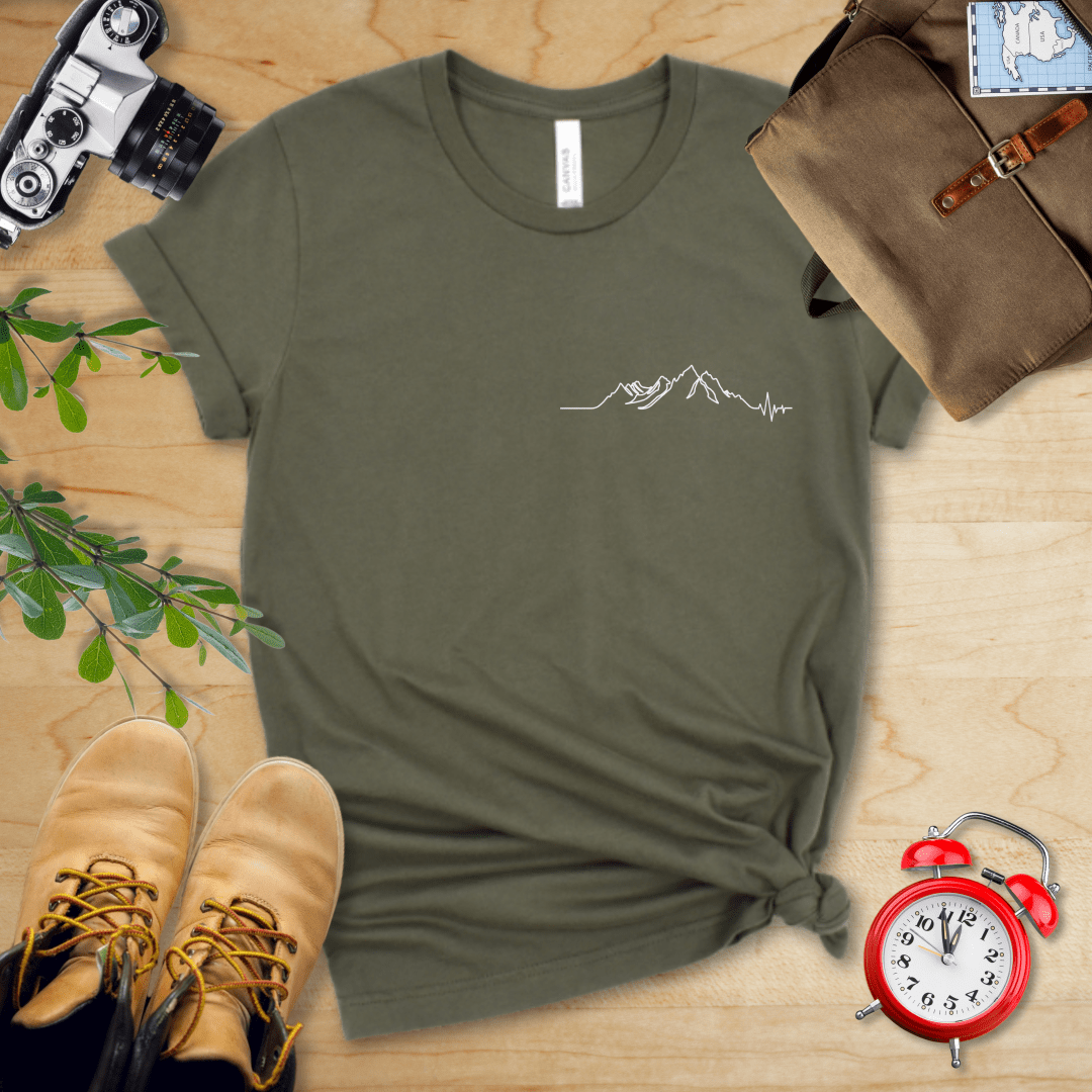 Printify T-Shirt Military Green / S Minimalistic Mountains Heart Rate Shirt