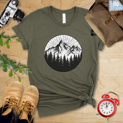 Printify T-Shirt Military Green / S Monochrome Mountains Shirt