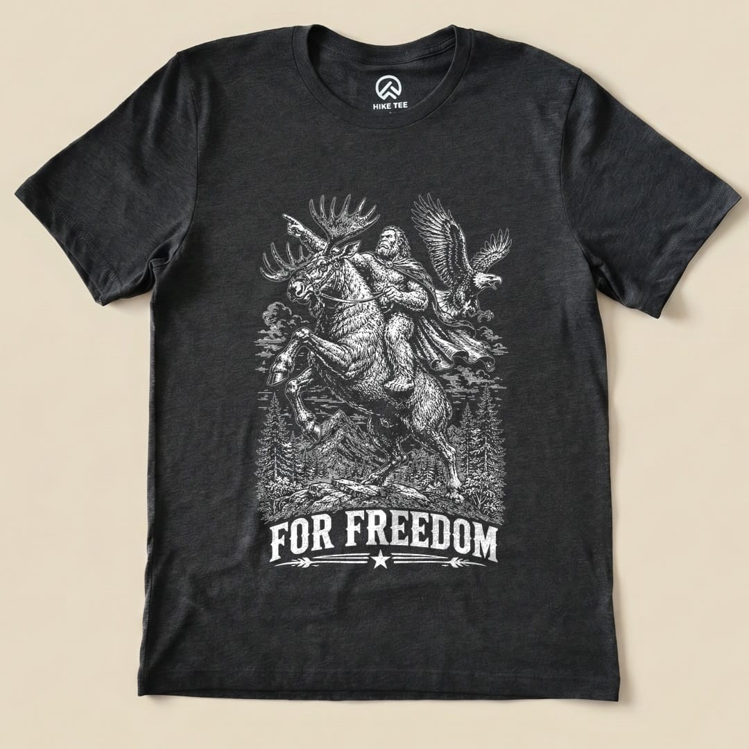 Graphic t-shirt featuring a moose with a rider resembling Bigfoot and the slogan "FOR FREEDOM" printed below.