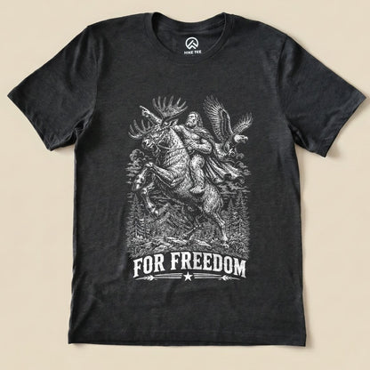 Graphic t-shirt featuring a moose with a rider resembling Bigfoot and the slogan "FOR FREEDOM" printed below.