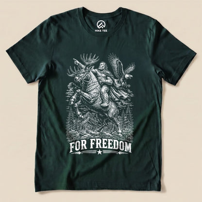 Graphic t-shirt featuring a moose, Bigfoot, and an eagle, with the slogan "FOR FREEDOM," highlighting the Moose Bigfoot Resist Shirt design.