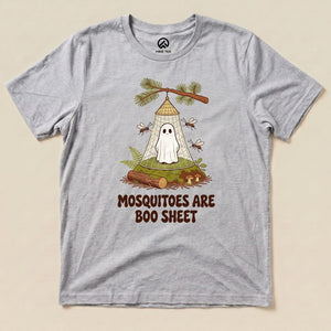 Athletic Heather Mosquitoes Are Boo Sheet Shirt with a ghost resting under a mosquito net graphic