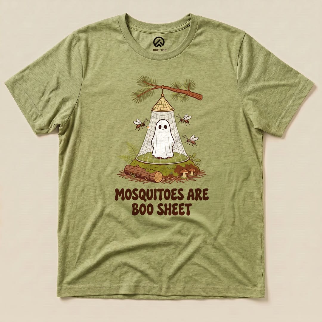 Heather Green Mosquitoes Are Boo Sheet Shirt with a ghost resting under a mosquito net graphic