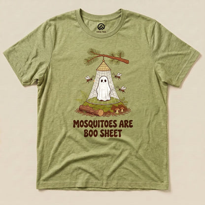 Heather Green Mosquitoes Are Boo Sheet Shirt with a ghost resting under a mosquito net graphic