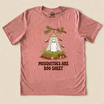 Heather Mauve Mosquitoes Are Boo Sheet Shirt with a ghost resting under a mosquito net graphic