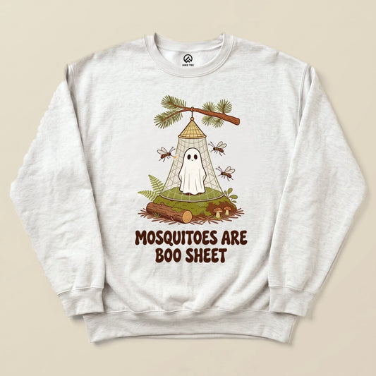 Ash Mosquitoes Are Boo Sheet Sweatshirt with a ghost resting under a mosquito net graphic