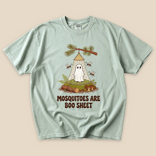 Bay Mosquitoes Are Boo Sheet T-Shirt with a ghost resting under a mosquito net graphic