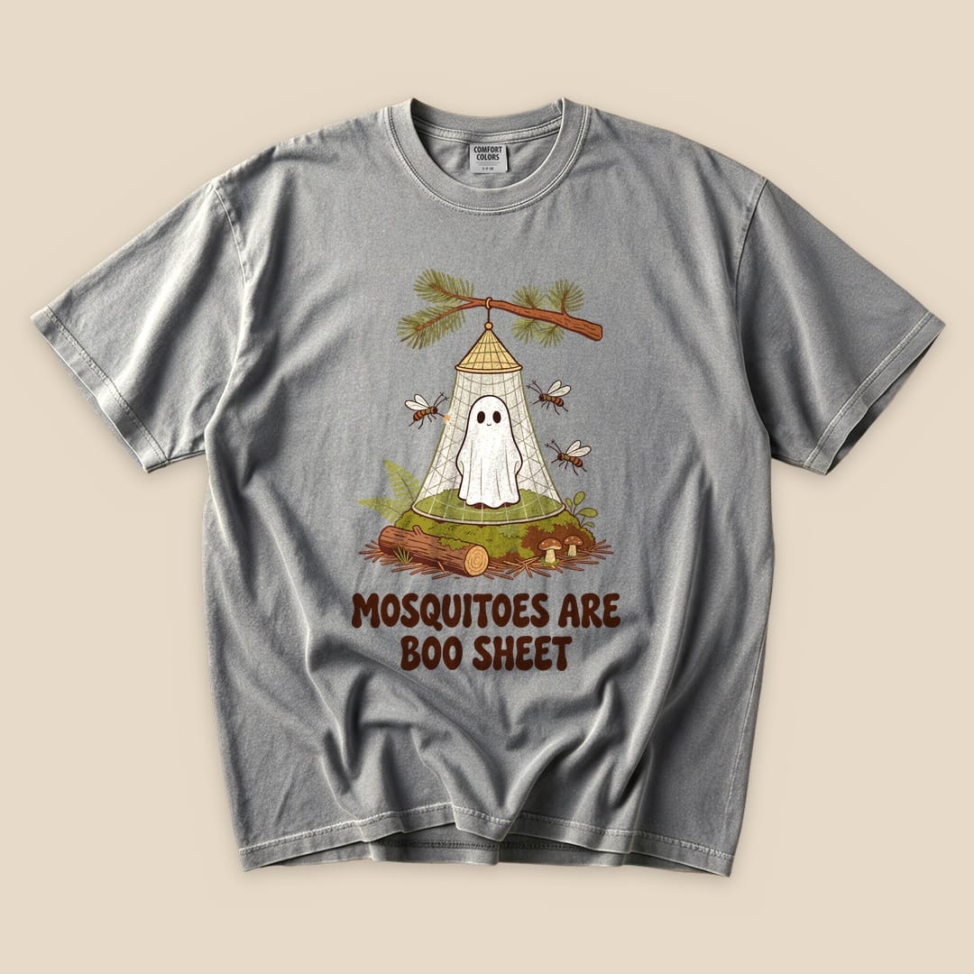 A gray graphic t-shirt features the design "Mosquitoes Are Boo Sheet" with a ghost and mosquitoes in a camping setting.