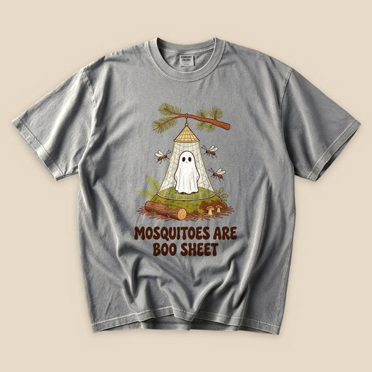 Grey Mosquitoes Are Boo Sheet T-Shirt with a ghost resting under a mosquito net graphic