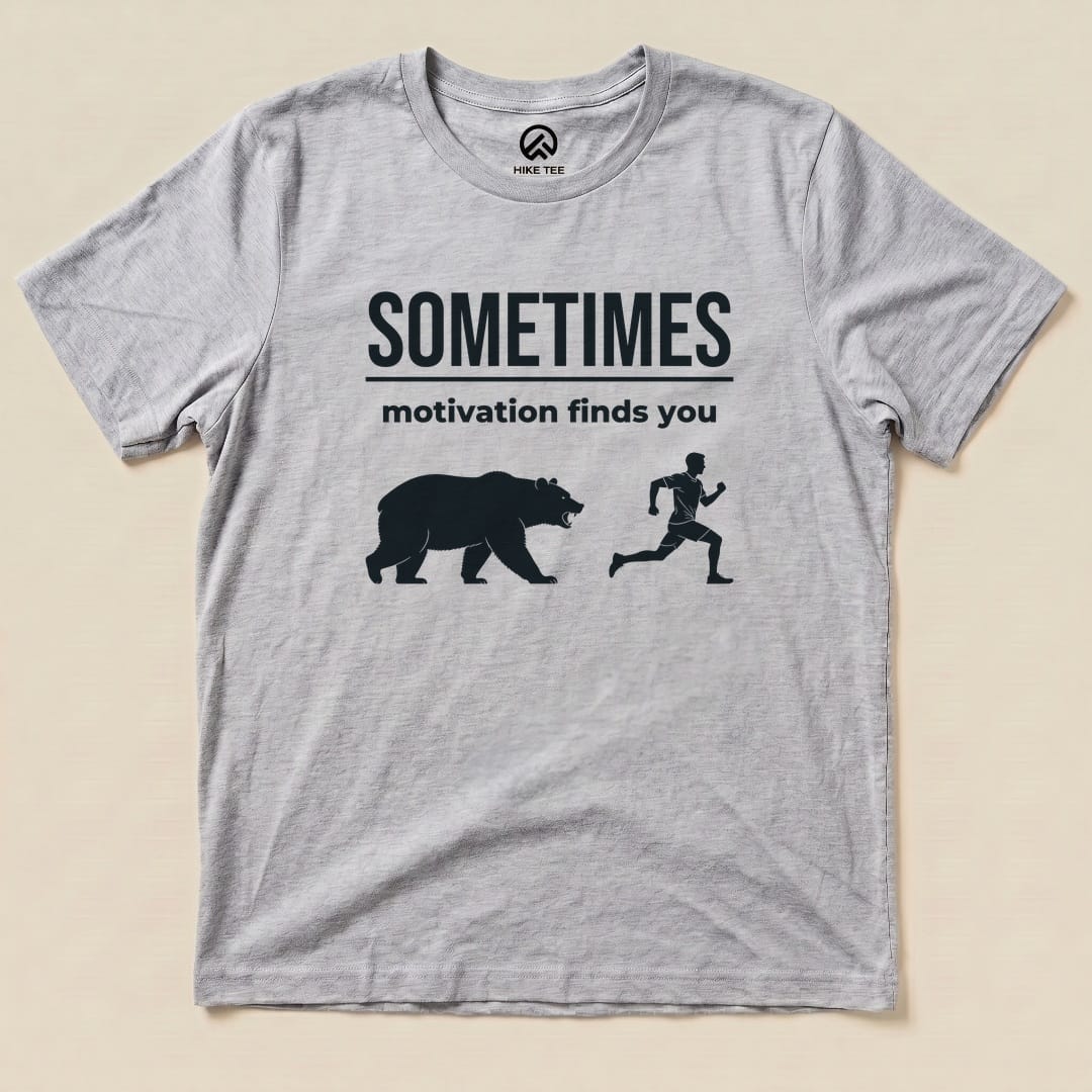 Athletic Heather Motivation Finds You Shirt with a bear chasing a runner graphic