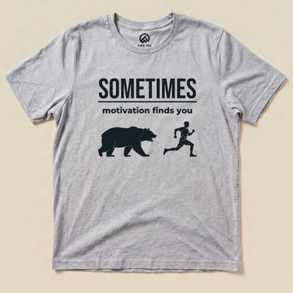 Athletic Heather Motivation Finds You Shirt with a bear chasing a runner graphic