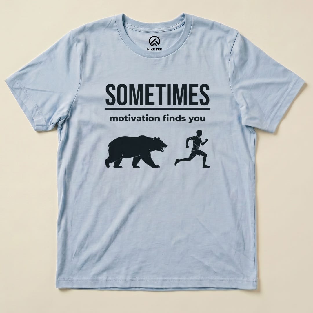 Baby Blue Motivation Finds You Shirt with a bear chasing a runner graphic