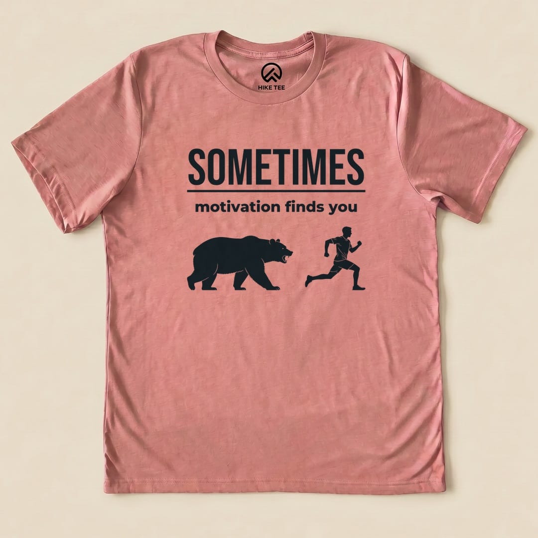 Heather Mauve Motivation Finds You Shirt with a bear chasing a runner graphic