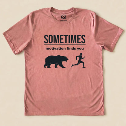 Heather Mauve Motivation Finds You Shirt with a bear chasing a runner graphic