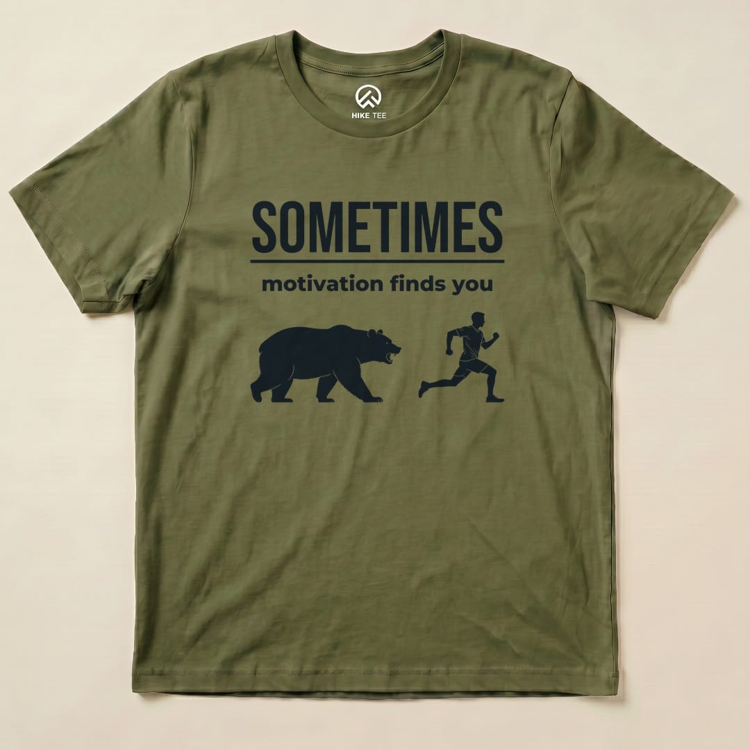 Military Green Motivation Finds You Shirt with a bear chasing a runner graphic