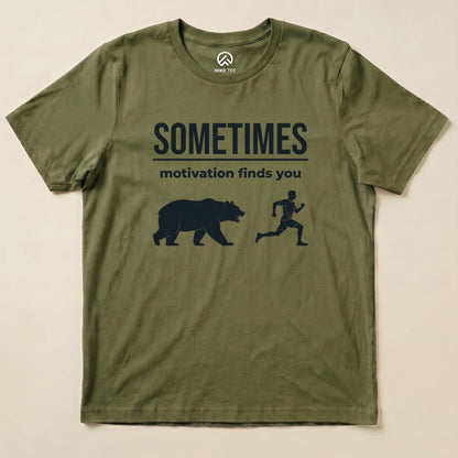 Military Green Motivation Finds You Shirt with a bear chasing a runner graphic