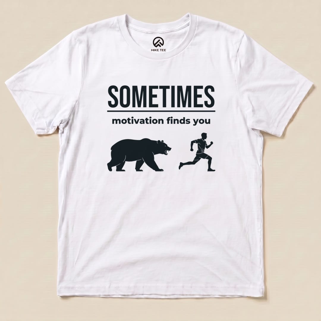 White Motivation Finds You Shirt with a bear chasing a runner graphic