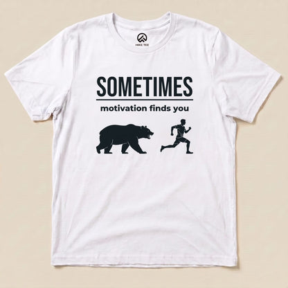 White Motivation Finds You Shirt with a bear chasing a runner graphic