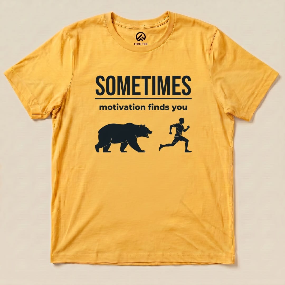 Yellow Gold Motivation Finds You Shirt with a bear chasing a runner graphic