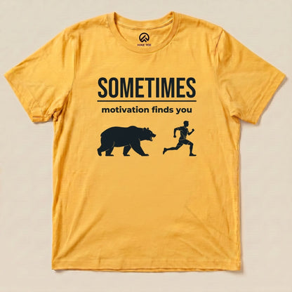 Yellow Gold Motivation Finds You Shirt with a bear chasing a runner graphic