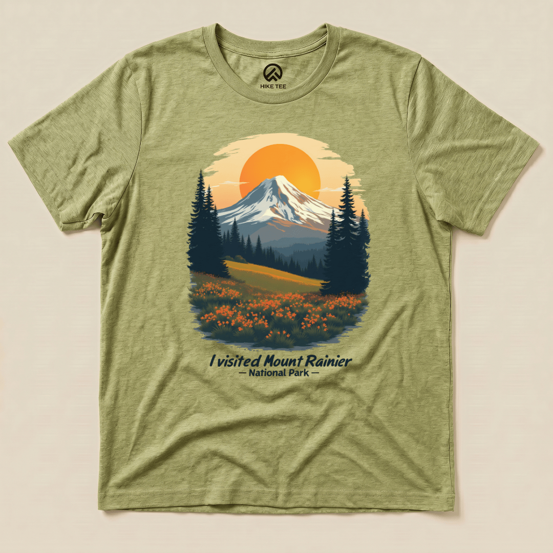 Graphic t-shirt featuring a vibrant illustration of Mount Rainier with the text "I visited Mount Rainier National Park.