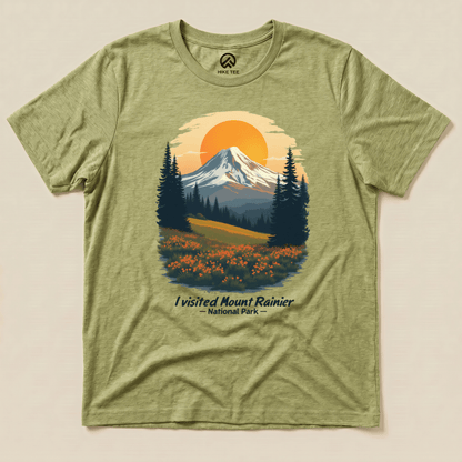Graphic t-shirt featuring a vibrant illustration of Mount Rainier with the text "I visited Mount Rainier National Park.
