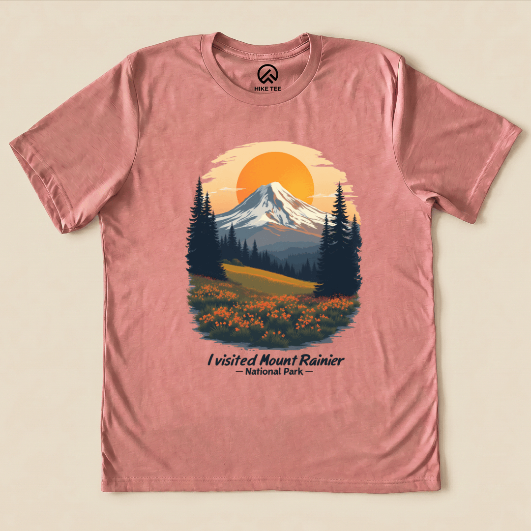 Graphic t-shirt featuring a picturesque mountain scene with the text, "I visited Mount Rainier National Park.